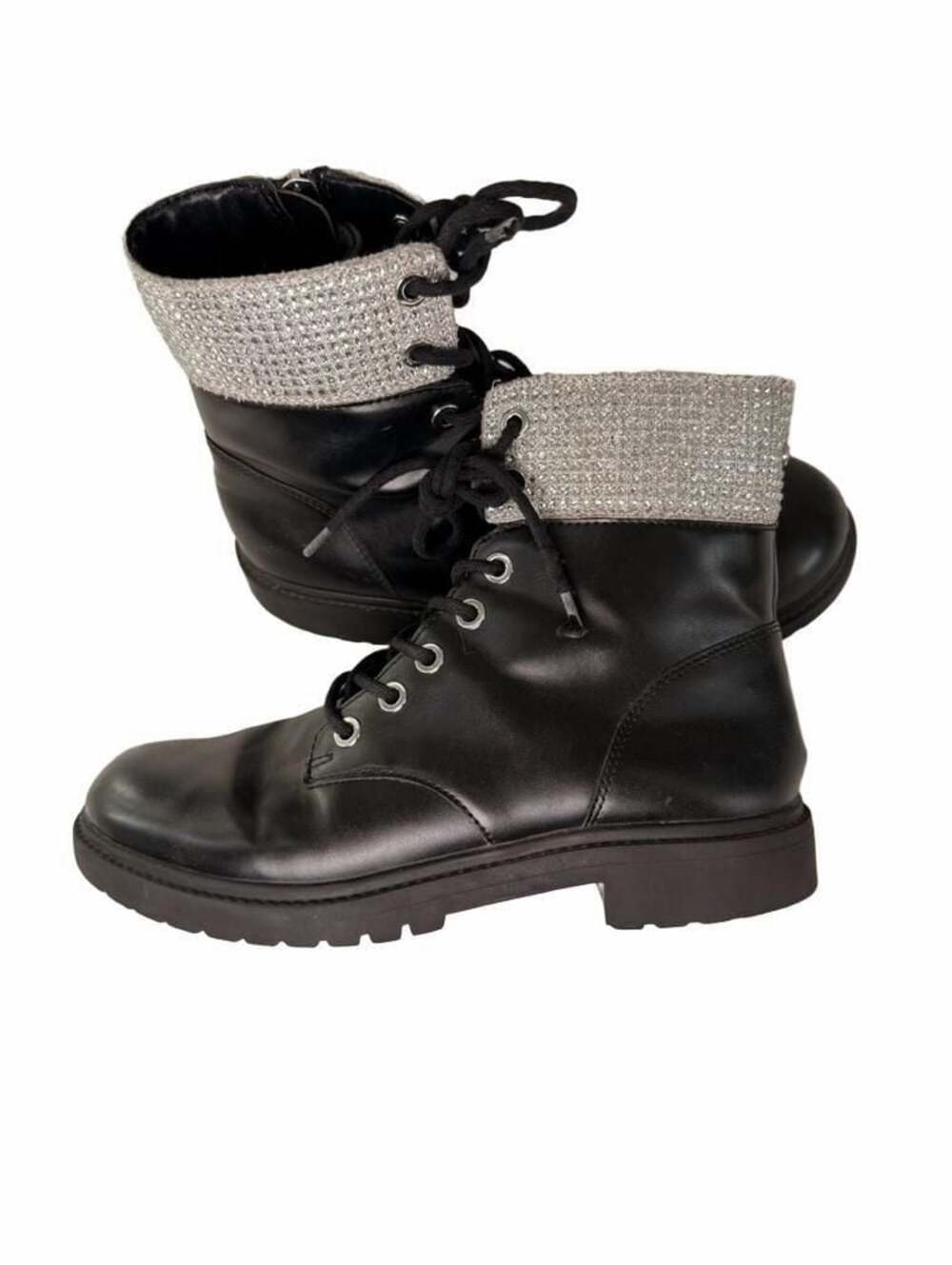 Michael Kors Alistair Glitter Combat Boot Black Silver Bling Zipper and Lace Up